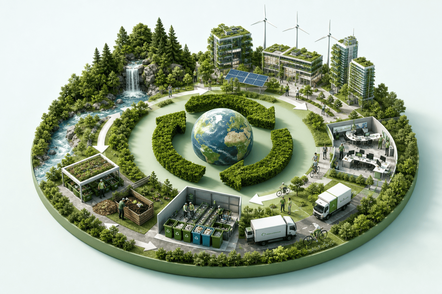 Circular economy ecosystem with renewable energy, recycling, composting, green buildings and responsible logistics